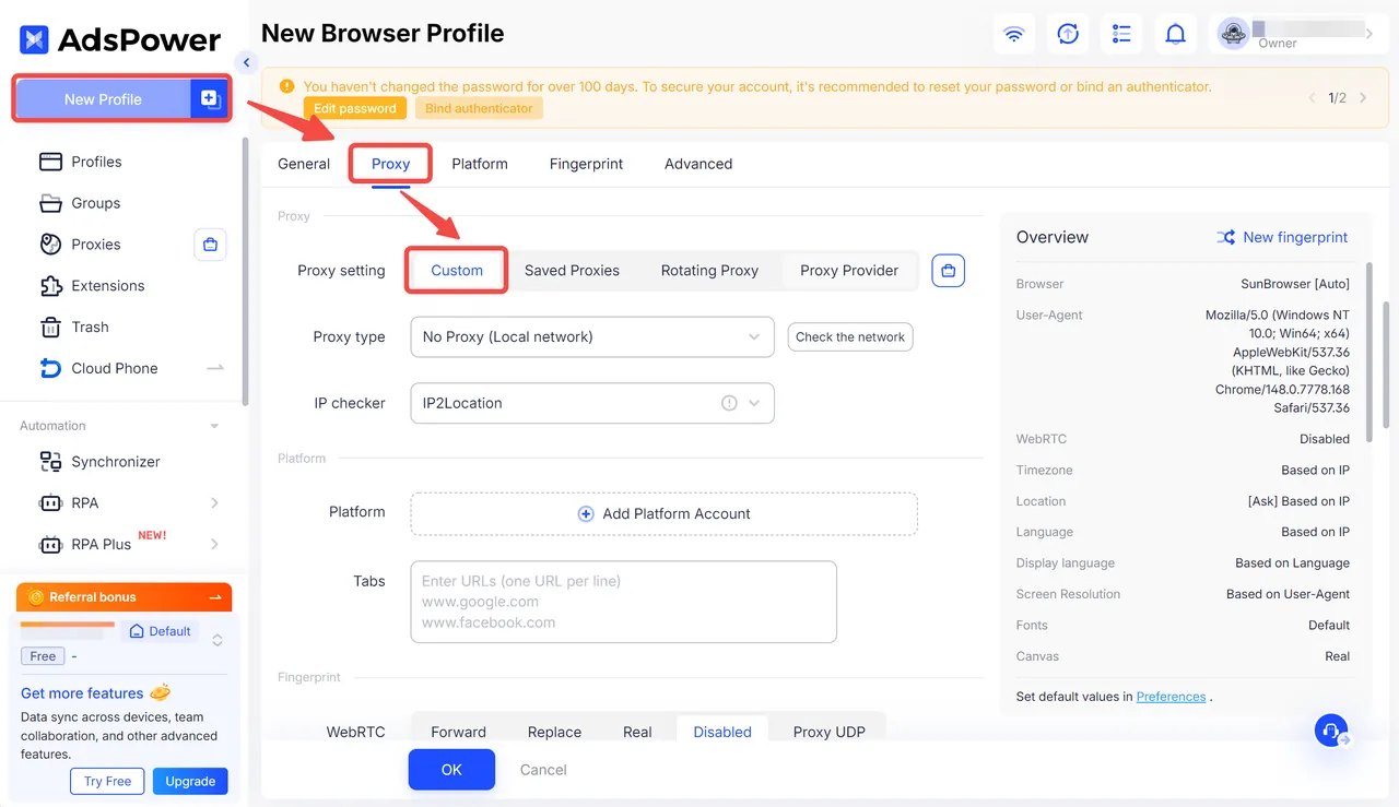 Create New AdsPower Browser Profile